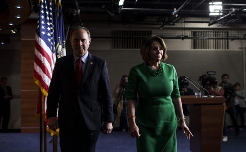 WASHINGTON, DC - OCTOBER 15: House Intelligence Committee Chairman Rep. Adam Schiff (D-CA), left, and House Speaker Nancy Pelosi (D-CA), right, depart following a news conference on Capitol Hill on October 15, 2019 in Washington, DC. House Democrats will not hold a vote to authorize impeachment inquiry into President Donald Trump. (Photo by Zach Gibson/Getty Images)